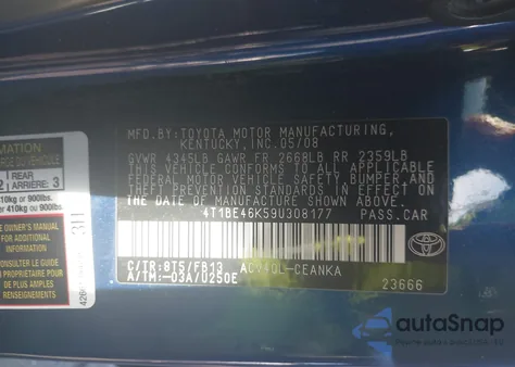 2009 Toyota Camry Le из США, поврежденный, VIN 4T1BE46K59U308177